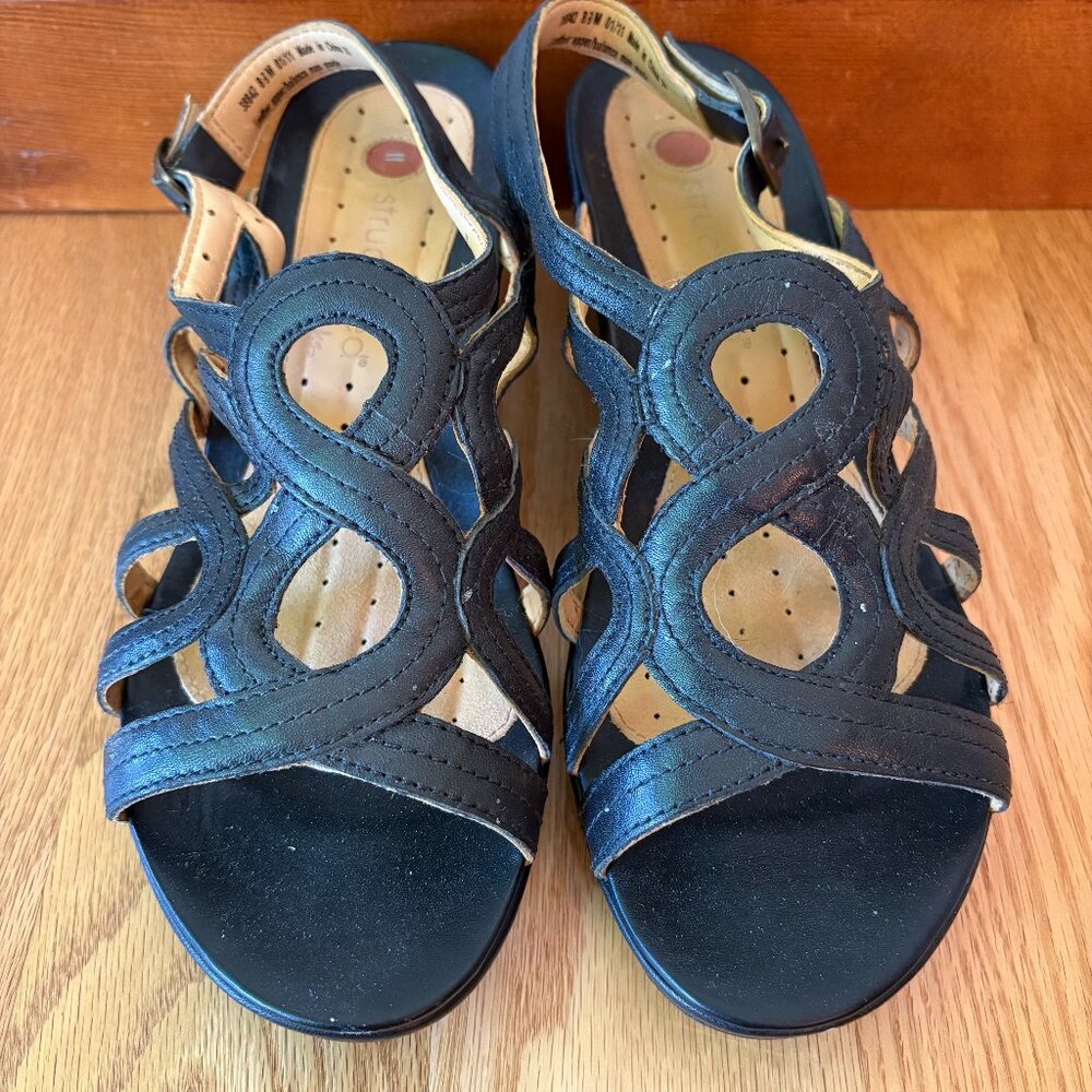 Clarks Black Leather Sandals Strappy Slingback Black Wedge Heel Size 8.5 Comfy